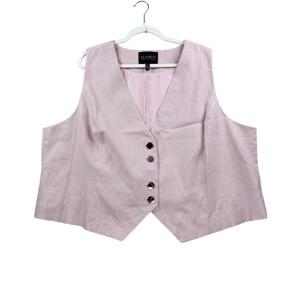Eloquii Vest Women Size 24 Pink Linen Blend Gold Button V-Neck Waistcoat